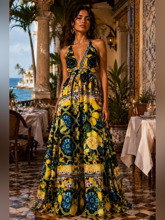 Antica Sartoria Dresses & Skirts - NWT Luxurious Italian Bright Yellow Halter Maxi Dress with Lemon & Floral Print